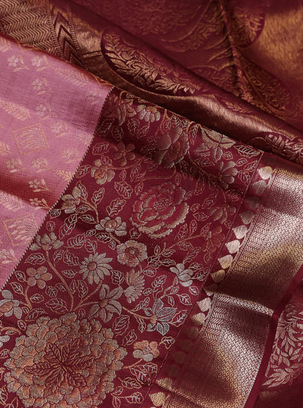 Pure kanchipuram silk saree mauve pink and deep maroon with allover zari woven brocade weaves and long zari woven border