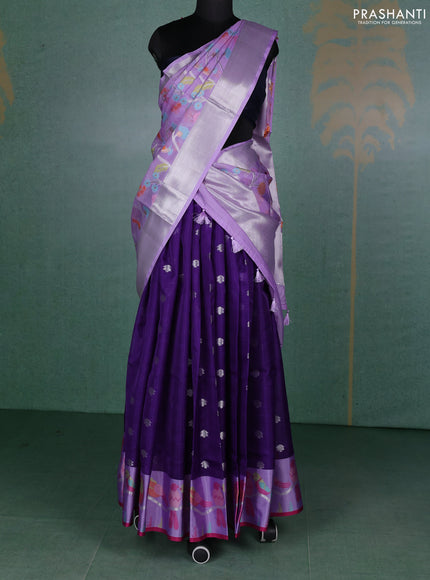 Cotton zari kota unstitched lehenga violet and lavender with allover silver zari woven buttas and bird design border