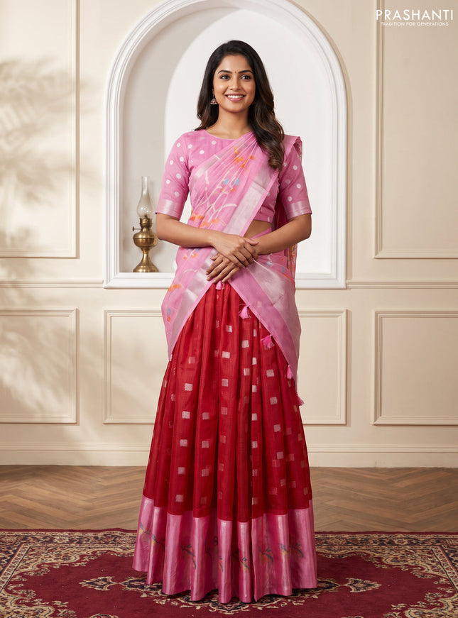 Cotton zari kota unstitched lehenga red and light pink with allover zari woven buttas and paithani design border