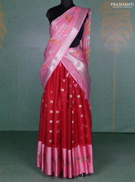 Cotton zari kota unstitched lehenga red and light pink with allover zari woven buttas and paithani design border