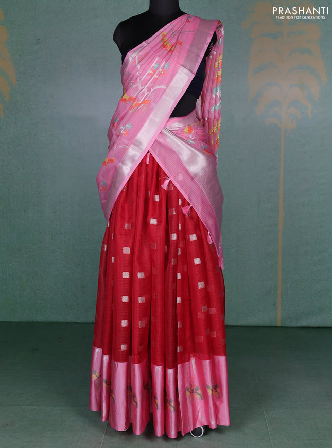 Cotton zari kota unstitched lehenga red and light pink with allover zari woven buttas and paithani design border