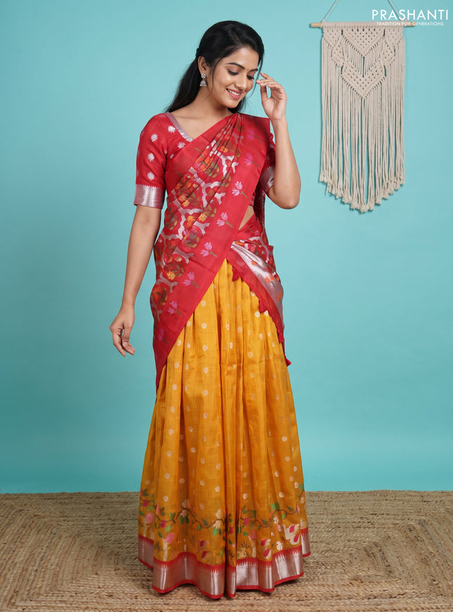 Cotton zari kota unstitched lehenga red and mustard yellow with allover zari weaves & buttas and zari woven border