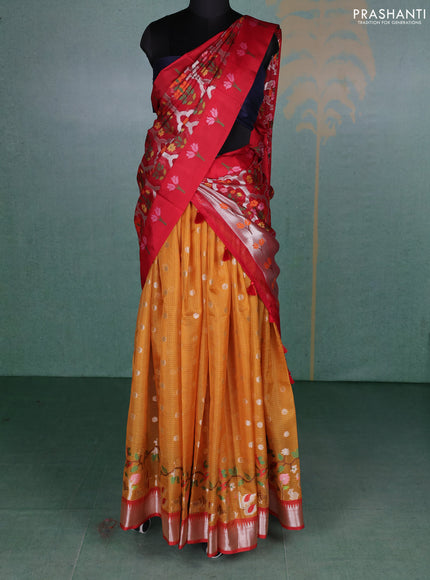 Cotton zari kota unstitched lehenga red and mustard yellow with allover zari weaves & buttas and zari woven border