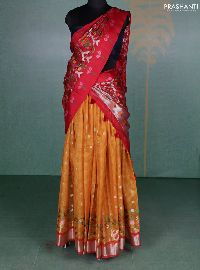 Cotton zari kota unstitched lehenga red and mustard yellow with allover zari weaves & buttas and zari woven border