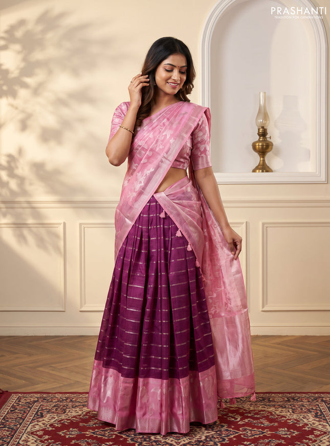 Cotton zari kota unstitched lehenga purple and pink with allover zari weaves and bird design border