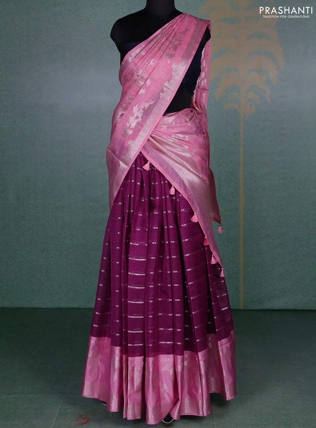Cotton zari kota unstitched lehenga purple and pink with allover zari weaves and bird design border