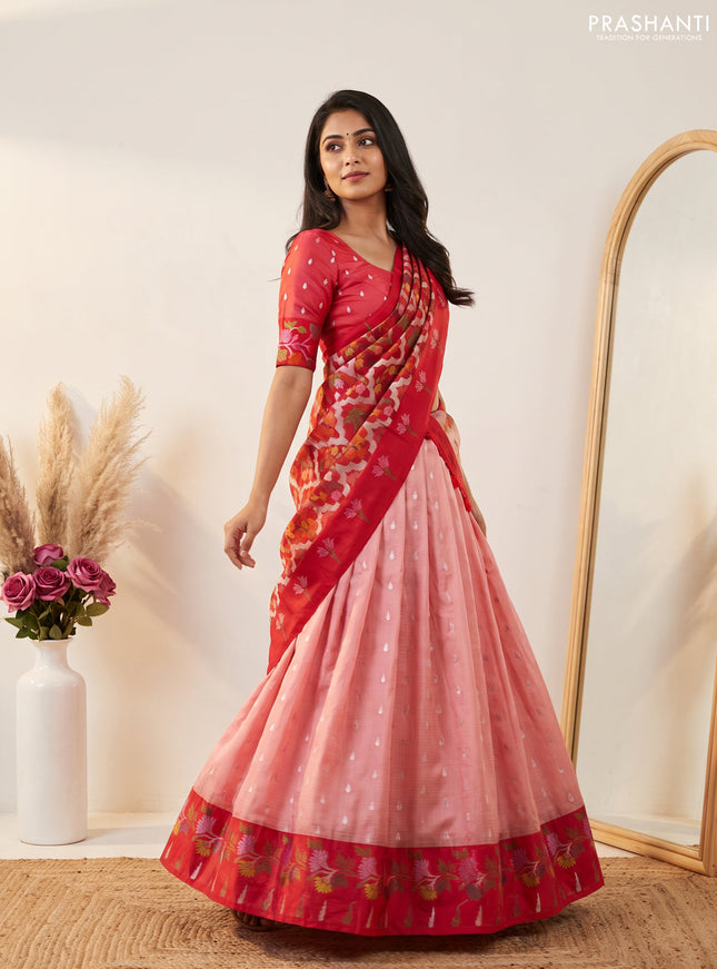 Cotton zari kota unstitched lehenga peach shade and red with allover zari woven buttas and paithani design border