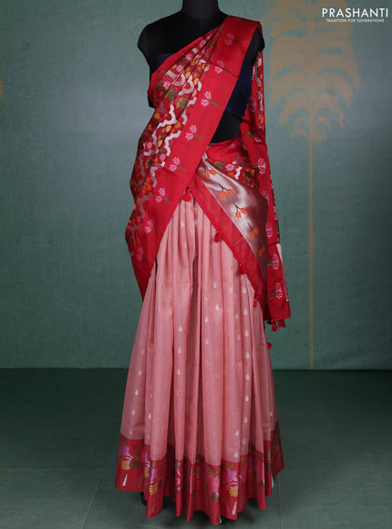Cotton zari kota unstitched lehenga peach shade and red with allover zari woven buttas and paithani design border