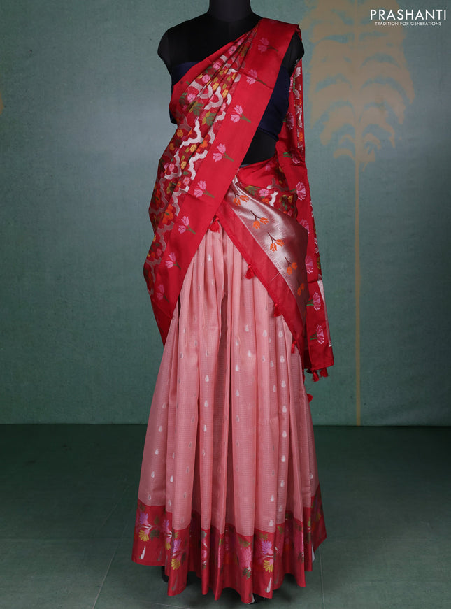 Cotton zari kota unstitched lehenga peach shade and red with allover zari woven buttas and paithani design border