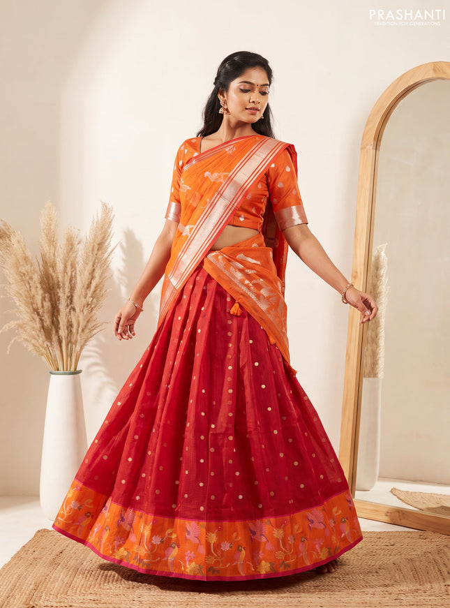Cotton zari kota unstitched lehenga red and orange with allover zari woven buttas and bird design border