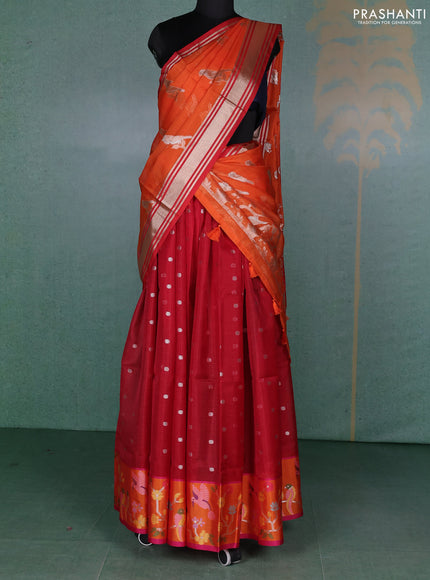 Cotton zari kota unstitched lehenga red and orange with allover zari woven buttas and bird design border