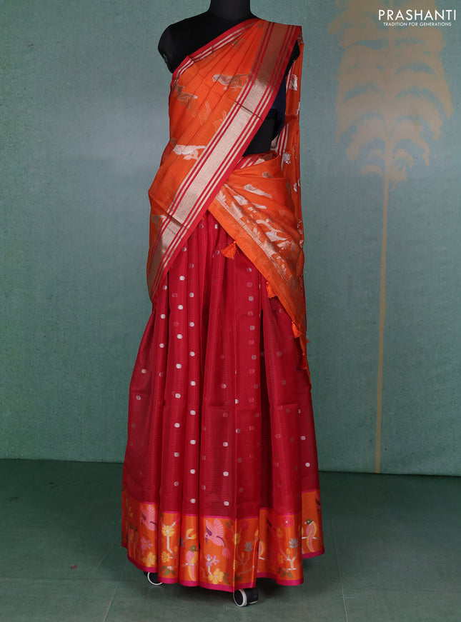 Cotton zari kota unstitched lehenga red and orange with allover zari woven buttas and bird design border