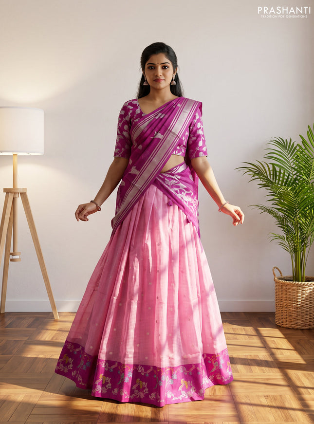 Cotton zari kota unstitched lehenga light pink and pink with allover zari woven buttas and bird design border