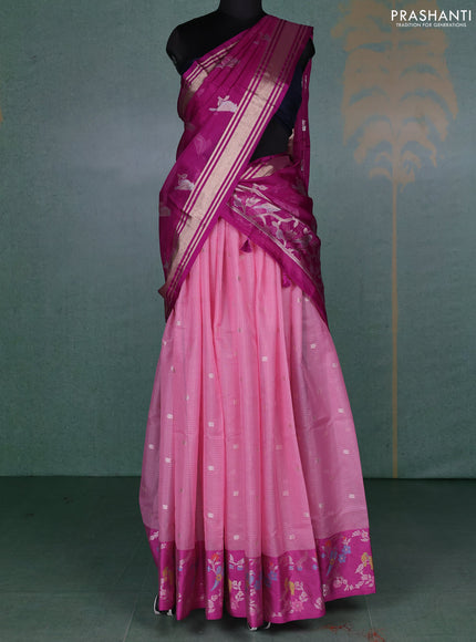 Cotton zari kota unstitched lehenga light pink and pink with allover zari woven buttas and bird design border