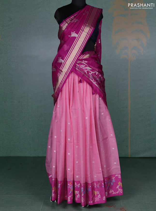 Cotton zari kota unstitched lehenga light pink and pink with allover zari woven buttas and bird design border