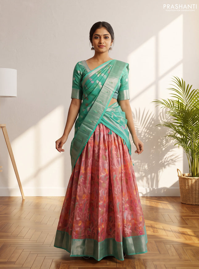 Cotton zari kota unstitched lehenga peach shade and teal green with allover thread & zari weaves and zari woven border