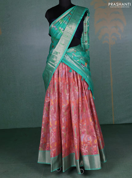 Cotton zari kota unstitched lehenga peach shade and teal green with allover thread & zari weaves and zari woven border