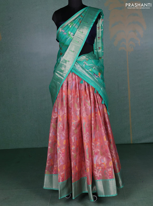 Cotton zari kota unstitched lehenga peach shade and teal green with allover thread & zari weaves and zari woven border