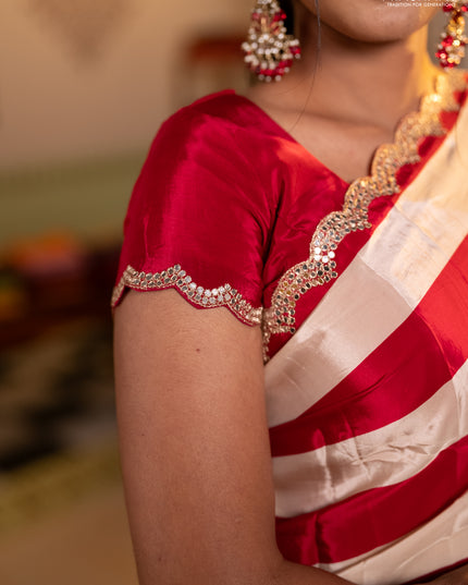 Crepe silk saree cream and pink with allover stripe pattern and mirror embroidery pallu