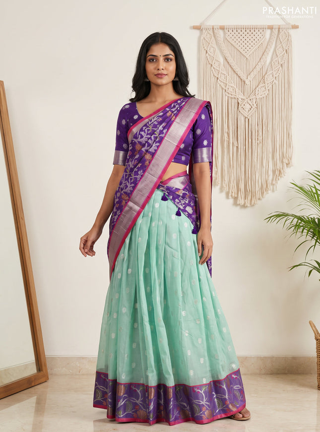 Cotton zari kota unstitched lehenga teal green and violet with allover zari woven buttas and woven border