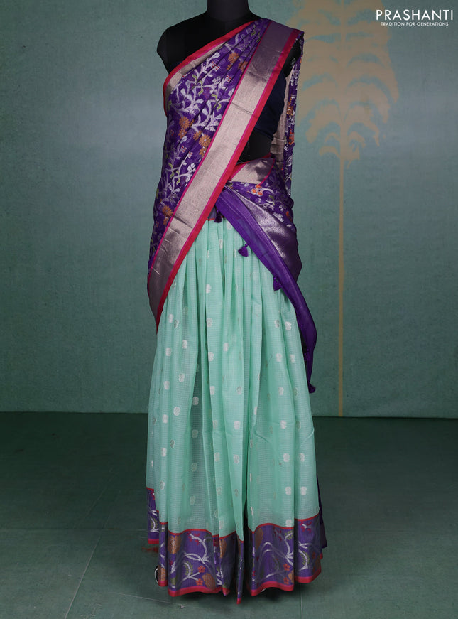 Cotton zari kota unstitched lehenga teal green and violet with allover zari woven buttas and woven border
