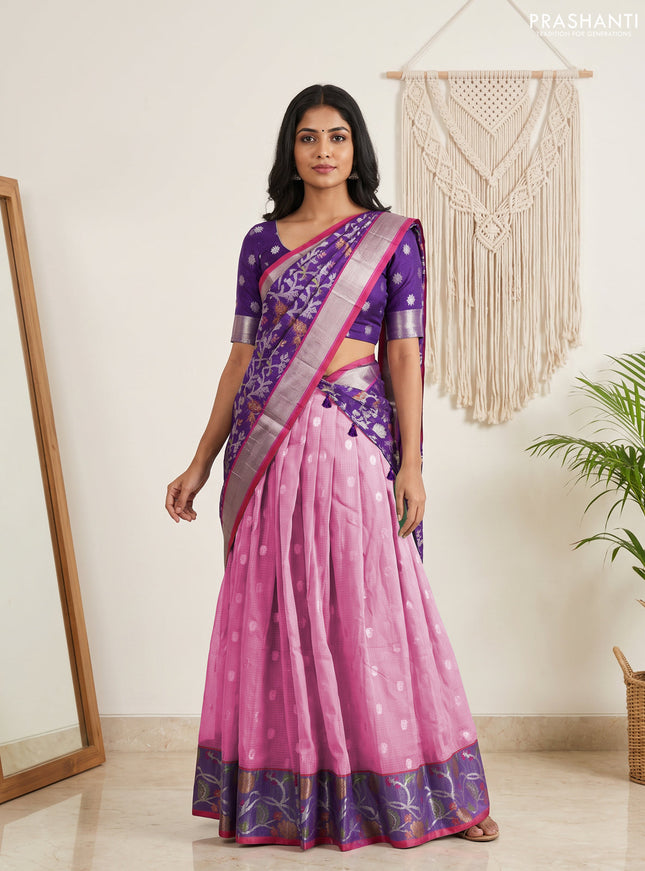 Cotton zari kota unstitched lehenga light pink and violet with allover zari woven buttas and woven border