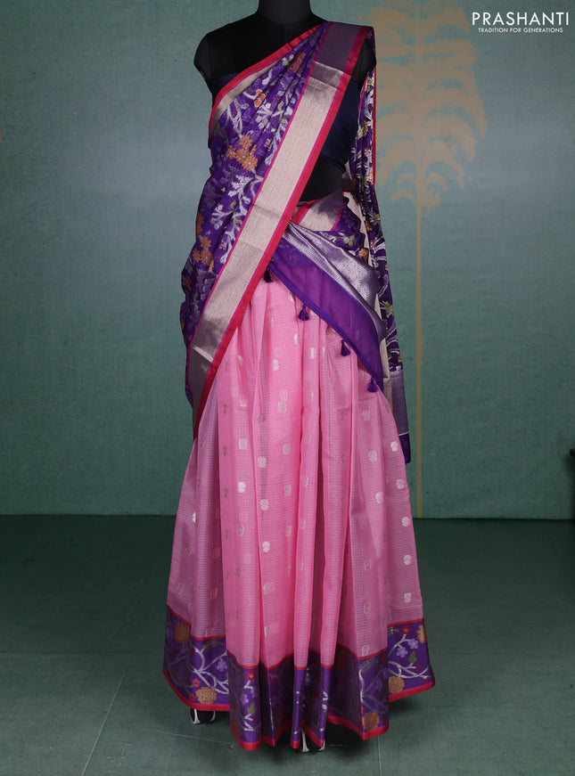 Cotton zari kota unstitched lehenga light pink and violet with allover zari woven buttas and woven border