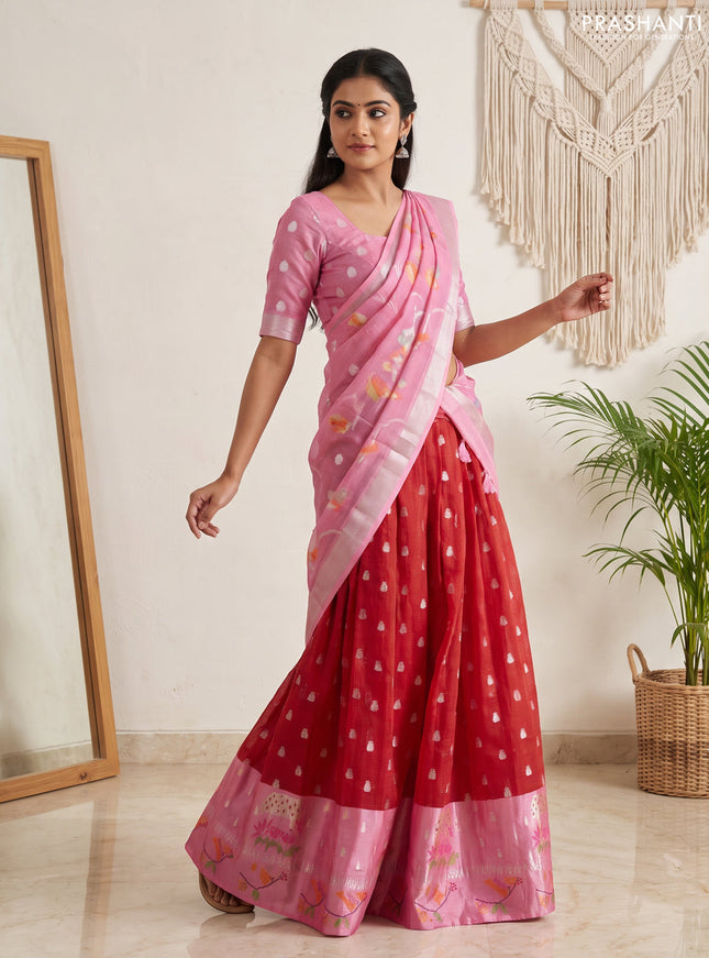 Cotton zari kota unstitched lehenga red and light pink with allover zari woven buttas and long woven border