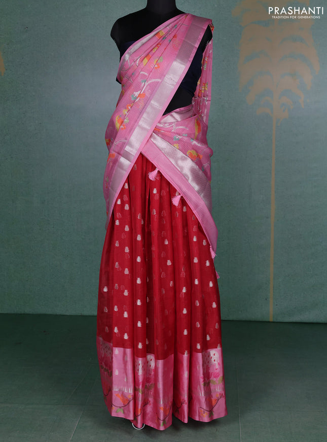 Cotton zari kota unstitched lehenga red and light pink with allover zari woven buttas and long woven border
