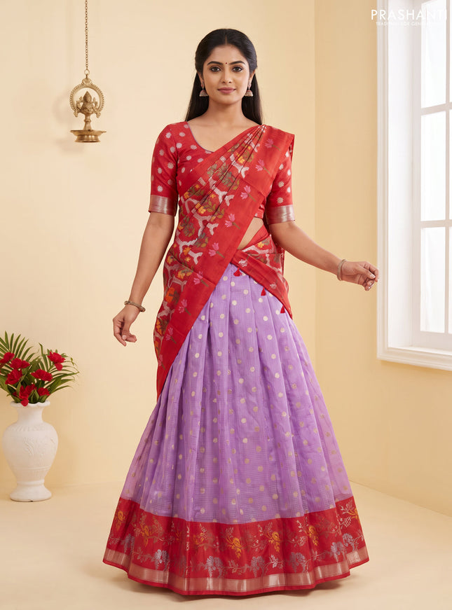 Cotton zari kota unstitched lehenga lavender and red with allover zari woven buttas and bird design border