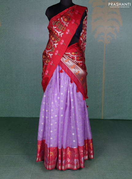 Cotton zari kota unstitched lehenga lavender and red with allover zari woven buttas and bird design border