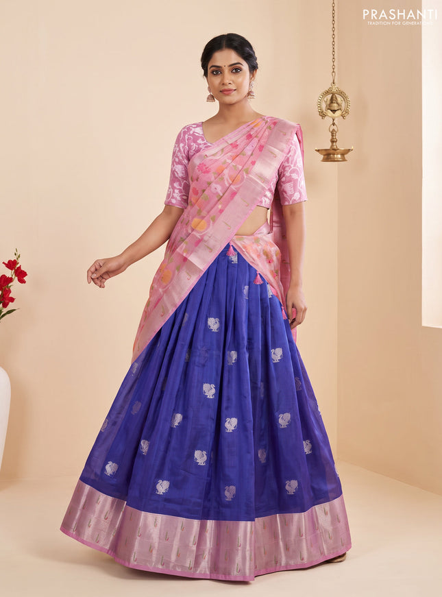 Cotton zari kota unstitched lehenga blue and light pink with allover annam zari woven buttas and muniya butta border