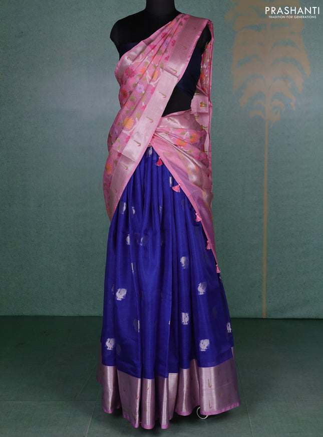 Cotton zari kota unstitched lehenga blue and light pink with allover annam zari woven buttas and muniya butta border