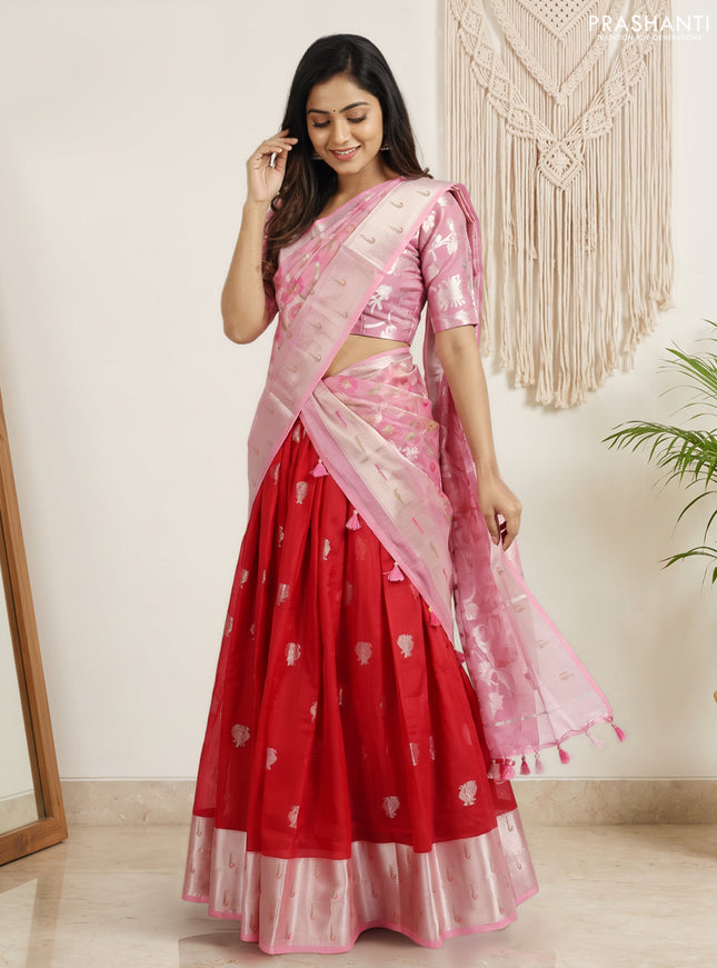 Cotton zari kota unstitched lehenga red and light pink with allover annam zari woven buttas and muniya butta border