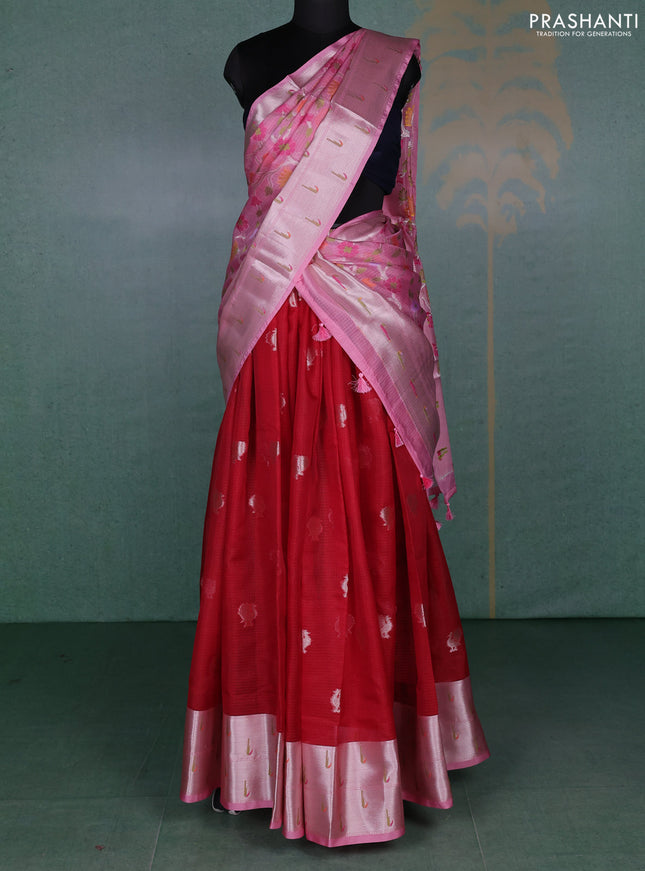 Cotton zari kota unstitched lehenga red and light pink with allover annam zari woven buttas and muniya butta border