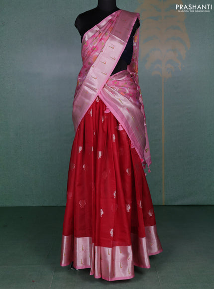 Cotton zari kota unstitched lehenga red and light pink with allover annam zari woven buttas and muniya butta border