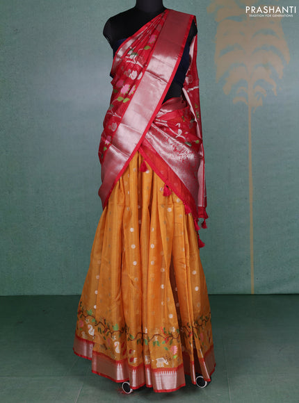 Cotton zari kota unstitched lehenga mustard yellow and red with allover zari woven buttas and zari woven border