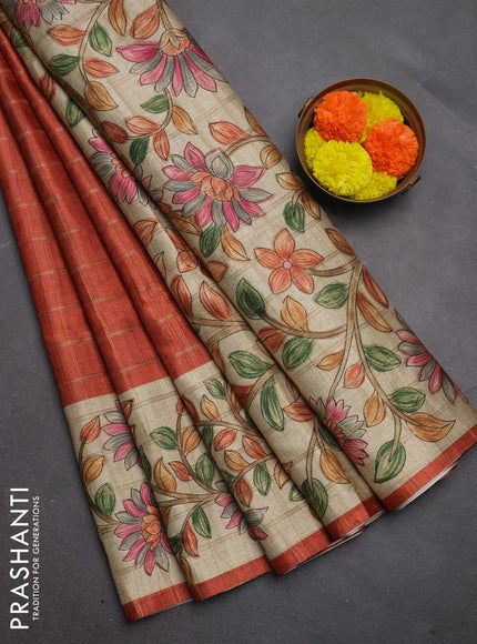 Semi tussar saree rustic orange and beige with allover zari checked pattern and kalamkari printed pallu