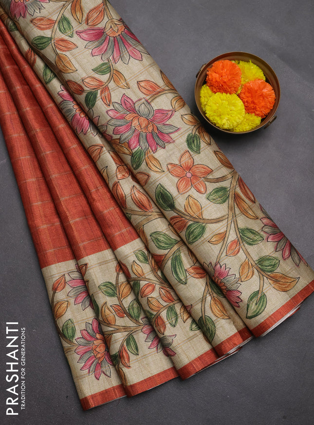 Semi tussar saree rustic orange and beige with allover zari checked pattern and kalamkari printed pallu