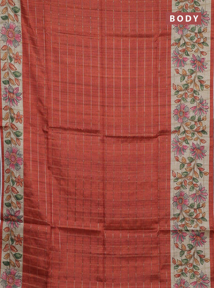 Semi tussar saree rustic orange and beige with allover zari checked pattern and kalamkari printed pallu