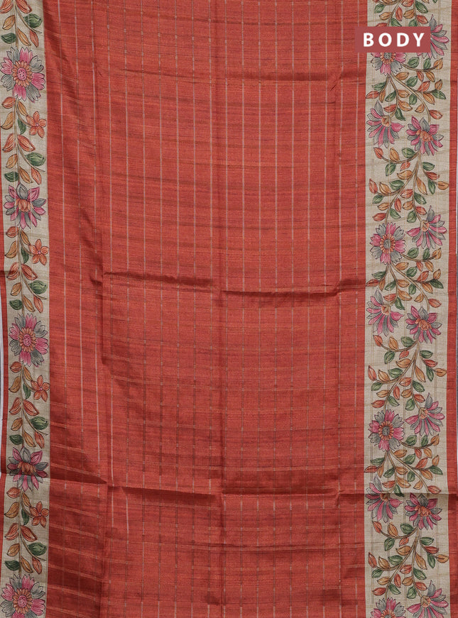 Semi tussar saree rustic orange and beige with allover zari checked pattern and kalamkari printed pallu