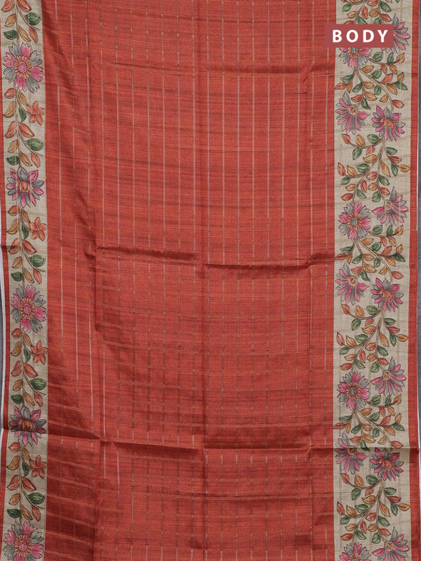 Semi tussar saree rustic orange and beige with allover zari checked pattern and kalamkari printed pallu