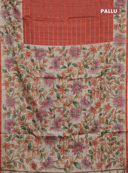 Semi tussar saree rustic orange and beige with allover zari checked pattern and kalamkari printed pallu