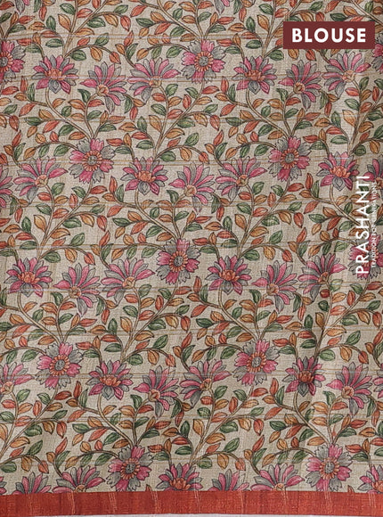 Semi tussar saree rustic orange and beige with allover zari checked pattern and kalamkari printed pallu