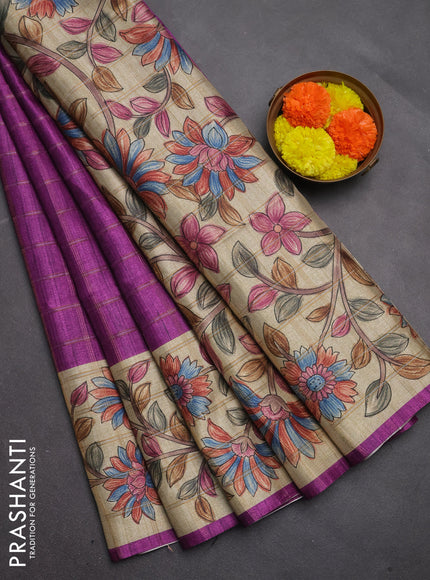 Semi tussar saree purple and beige with allover zari checked pattern and kalamkari printed pallu