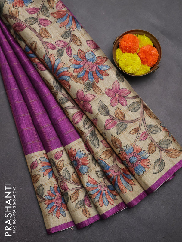 Semi tussar saree purple and beige with allover zari checked pattern and kalamkari printed pallu