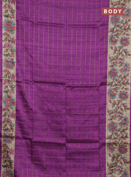 Semi tussar saree purple and beige with allover zari checked pattern and kalamkari printed pallu
