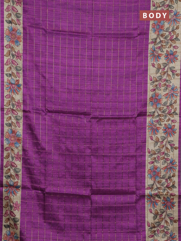 Semi tussar saree purple and beige with allover zari checked pattern and kalamkari printed pallu