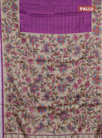 Semi tussar saree purple and beige with allover zari checked pattern and kalamkari printed pallu
