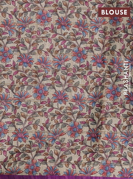 Semi tussar saree purple and beige with allover zari checked pattern and kalamkari printed pallu